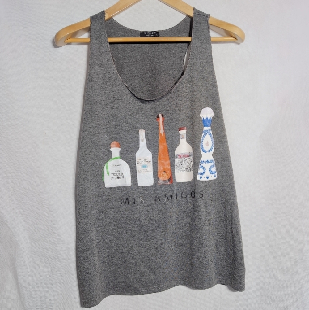 Sheshow Mis Amigos Tequila Bottles Gray Tank Top